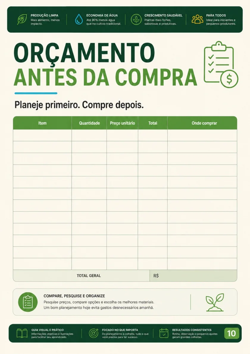 Planilha de orçamento antes da compra